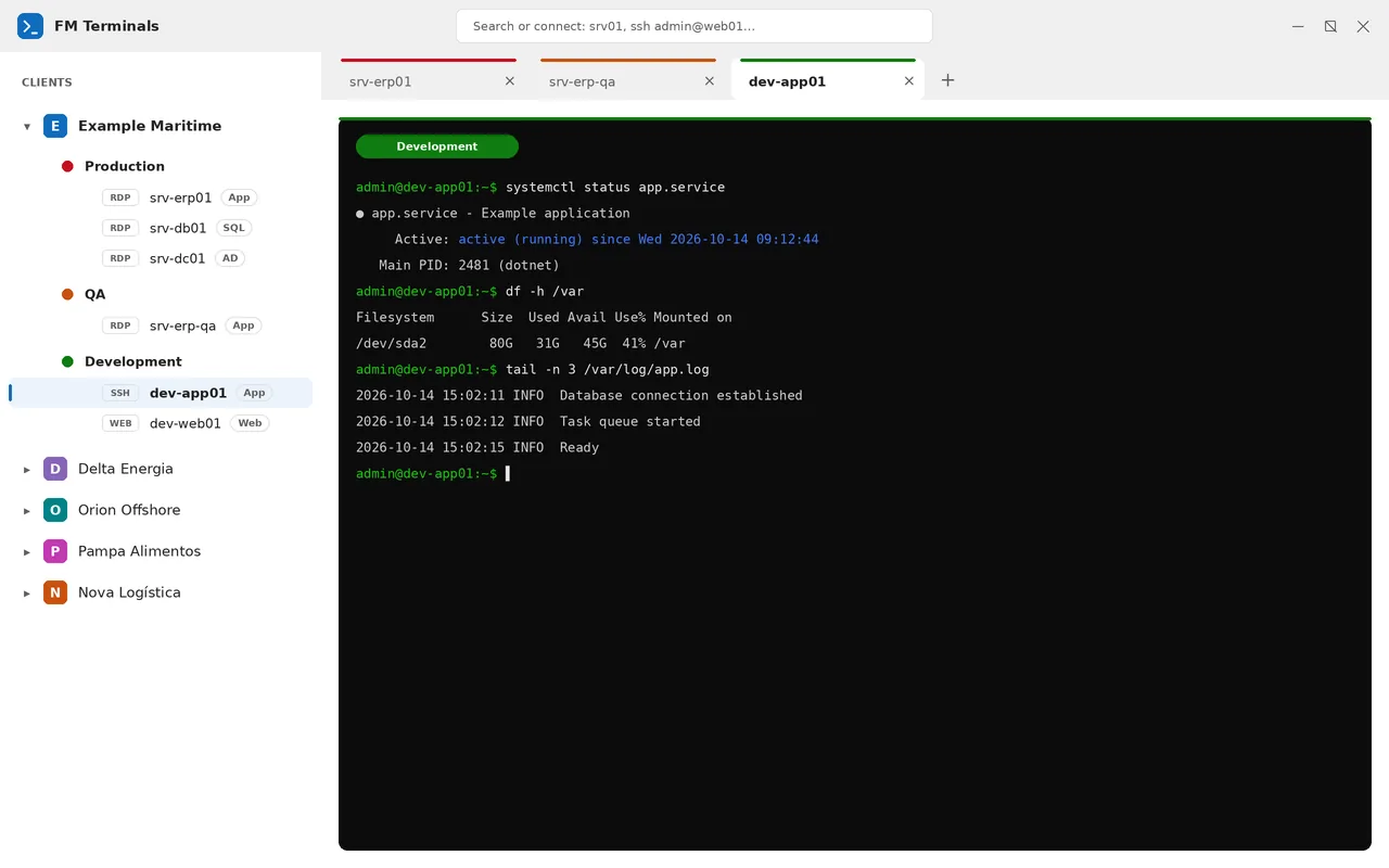 SSH session open in a tab with the Development environment color, next to the list of clients