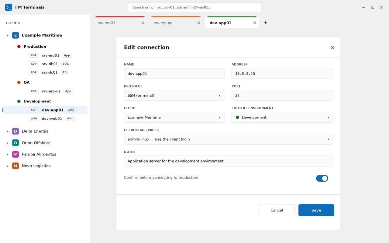 Connection editor window with name, address, protocol, client, environment and vault credential