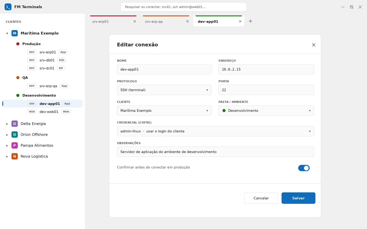 Janela de edição de conexão com nome, endereço, protocolo, cliente, ambiente e credencial do cofre