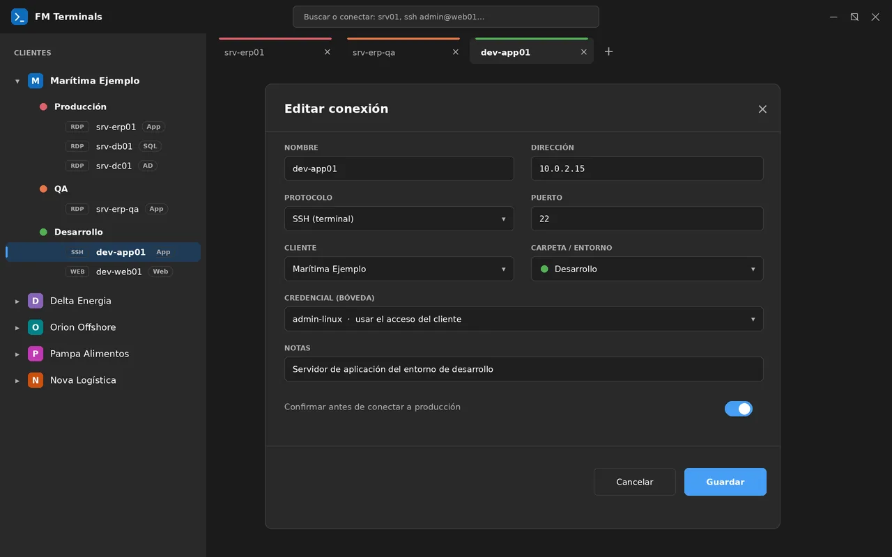 Editor de conexión en el tema oscuro de la aplicación