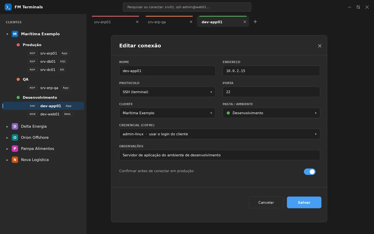 Editor de conexão no tema escuro do aplicativo